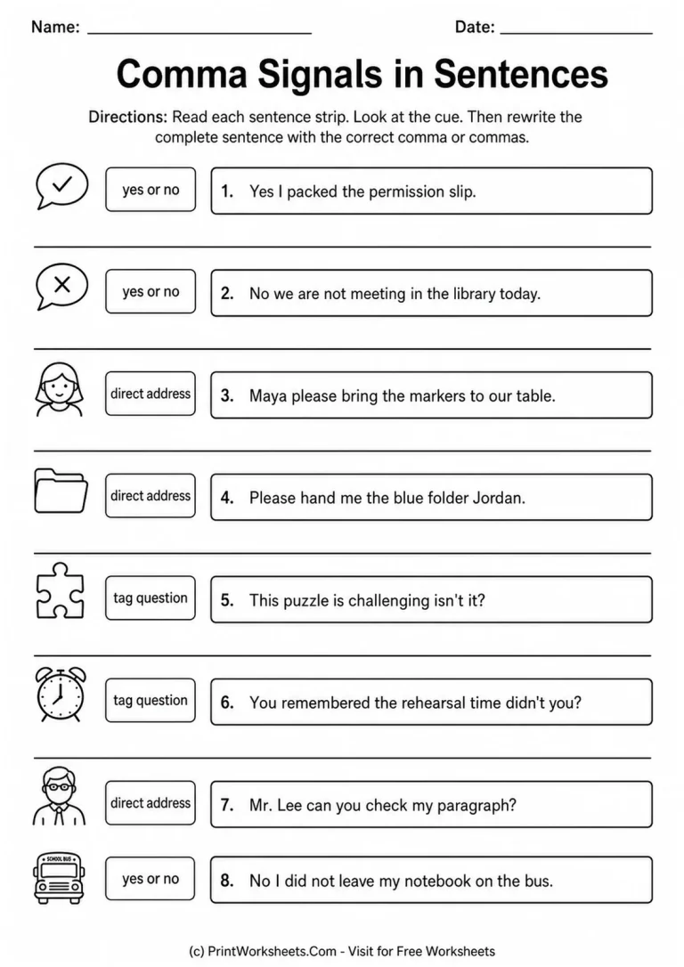 Comma Signals in Sentences Comma Signals in Sentences printable worksheet
