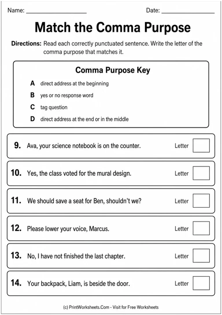 Match the Comma Purpose Match the Comma Purpose printable worksheet