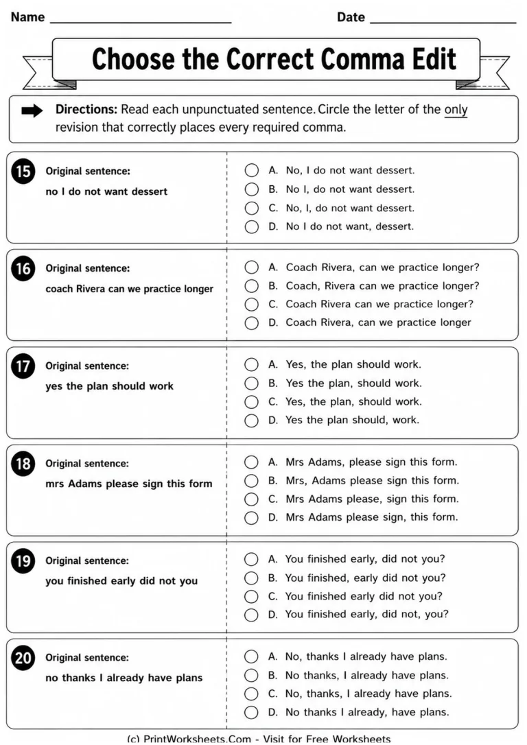 Choose the Correct Comma Edit Choose the Correct Comma Edit printable worksheet