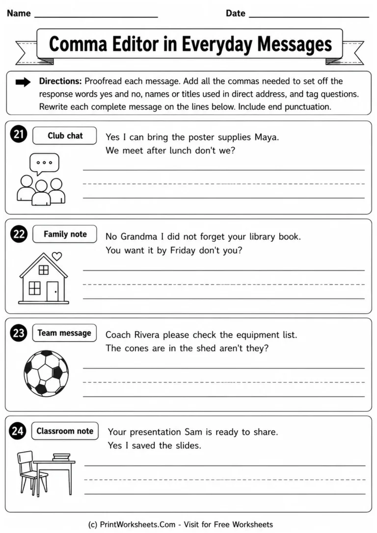 Comma Editor in Everyday Messages Comma Editor in Everyday Messages printable worksheet