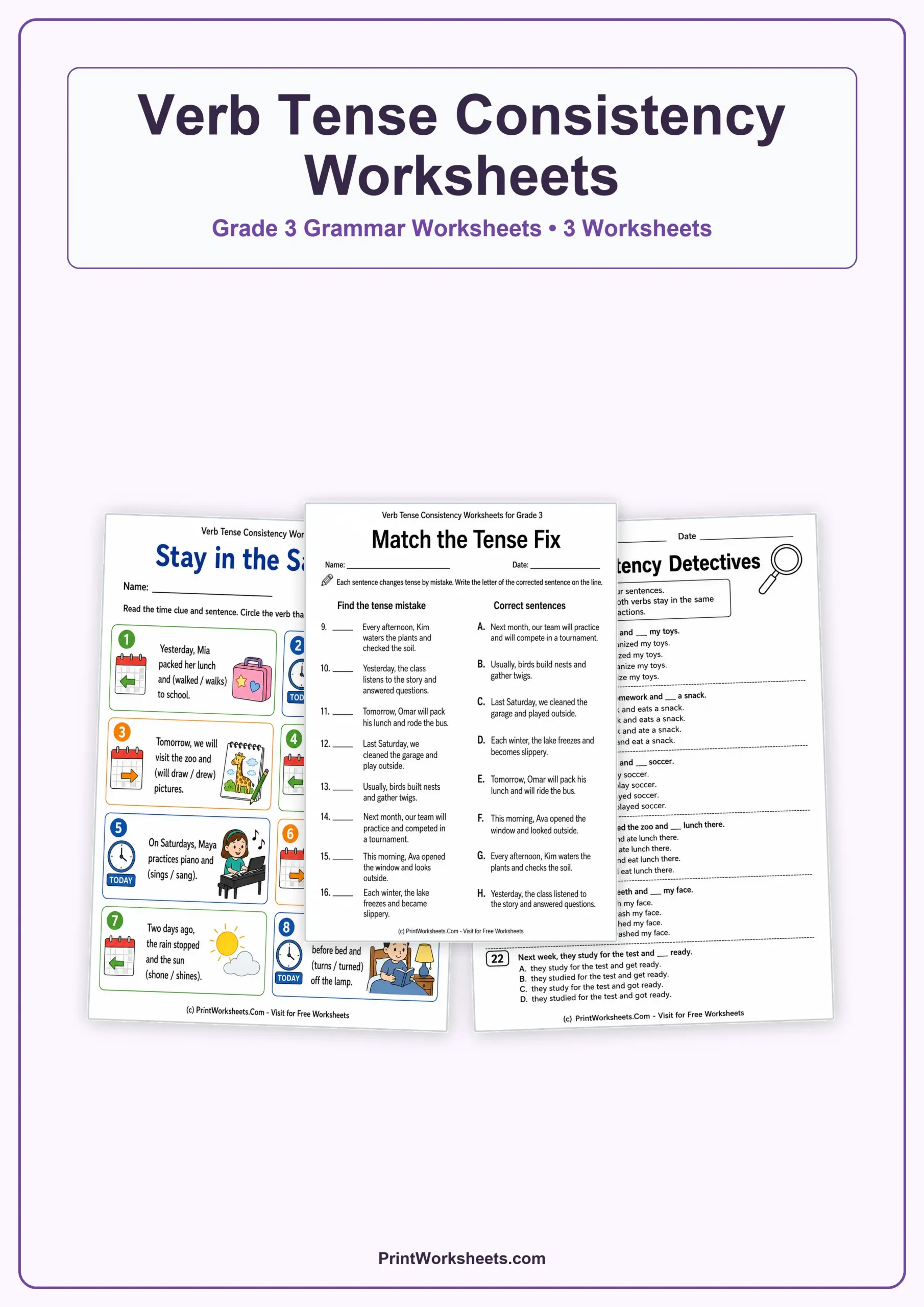 Verb Tense Consistency Worksheets for Grade 3 – Free Printable PDF - Free Printable Worksheet