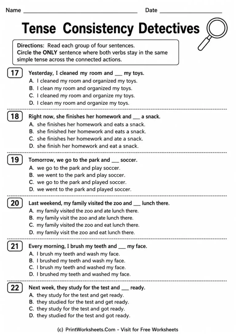 Tense Consistency Detectives Tense Consistency Detectives printable worksheet