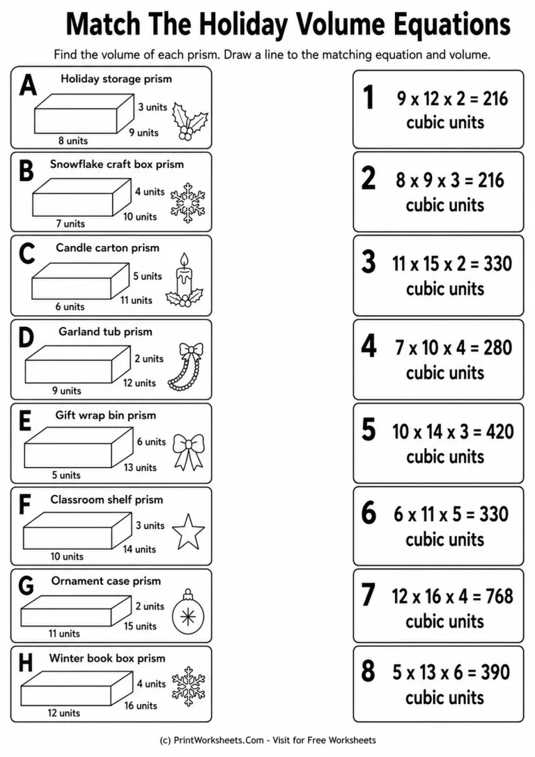 Match The Holiday Volume Equations printable worksheet