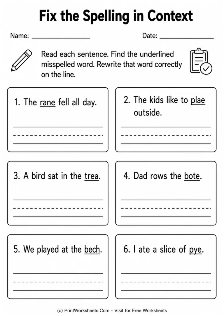 Fix the Spelling in Context Fix the Spelling in Context printable worksheet