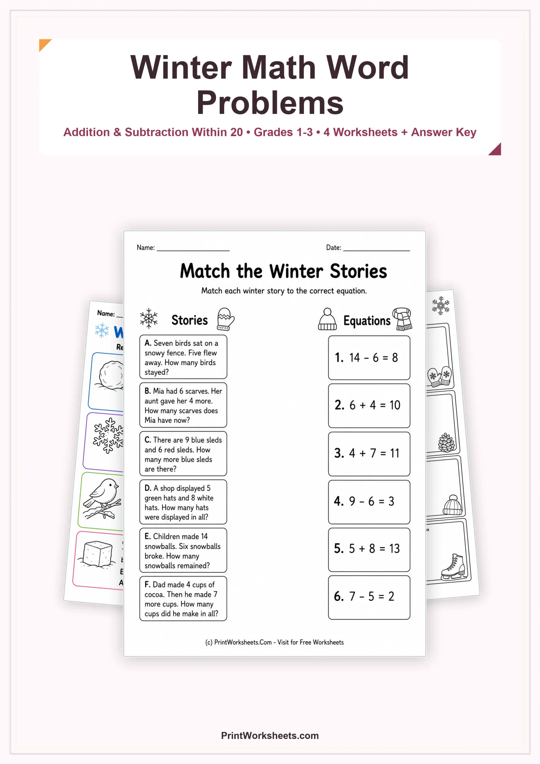 Winter Worksheets Worksheet - Winter Math Word Problems Worksheets for Grades 1-3 – Free Printable PDF | Free Printable