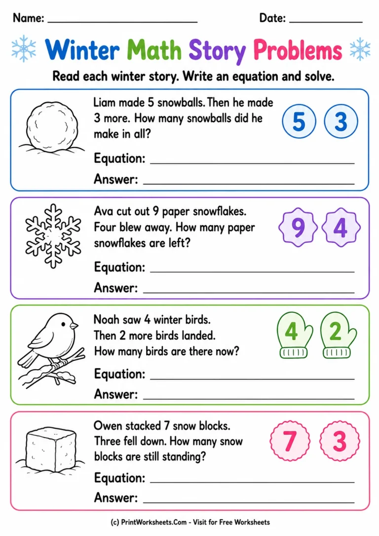 Winter Math Story Problems Winter Math Story Problems printable worksheet