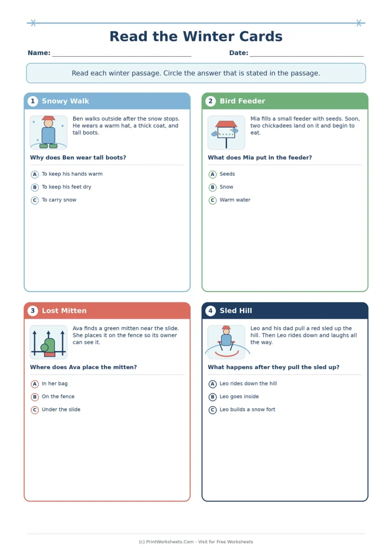 Read the Winter Cards printable worksheet