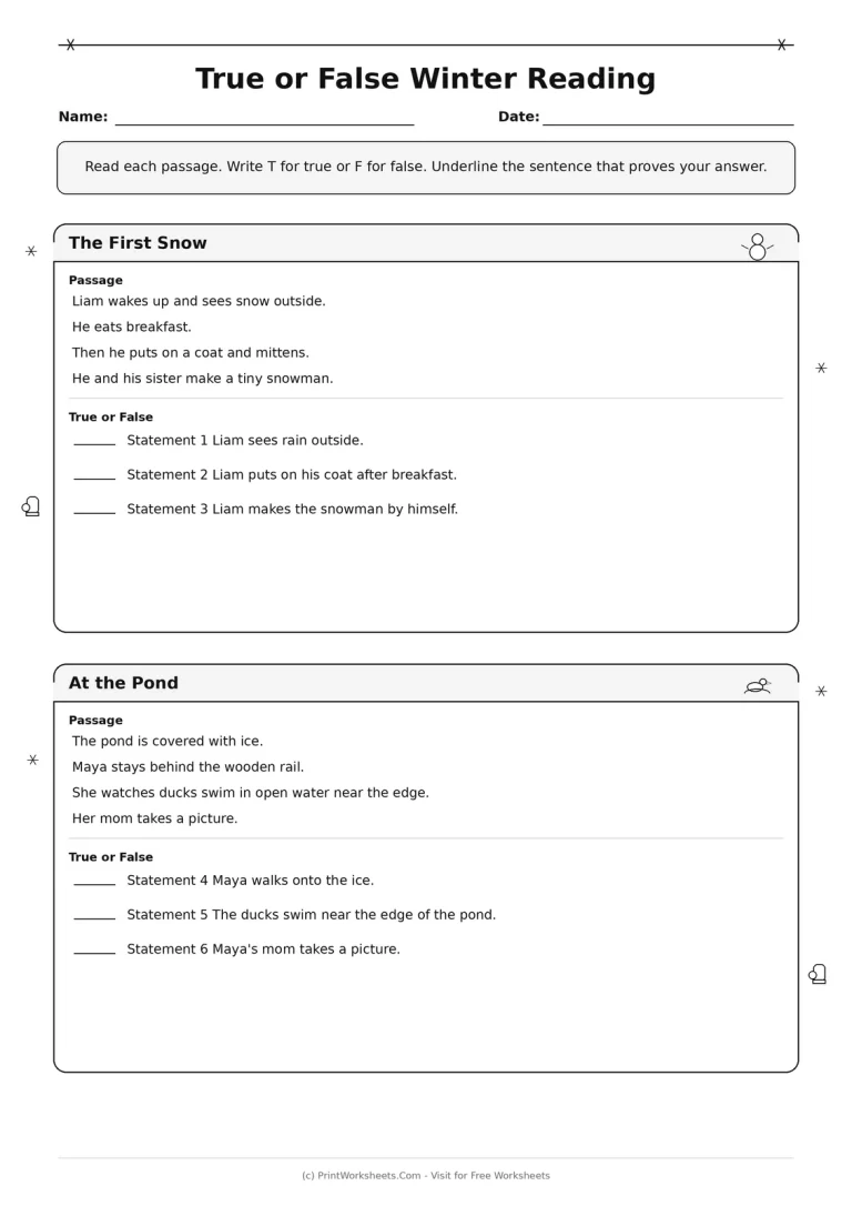 True or False Winter Reading printable worksheet