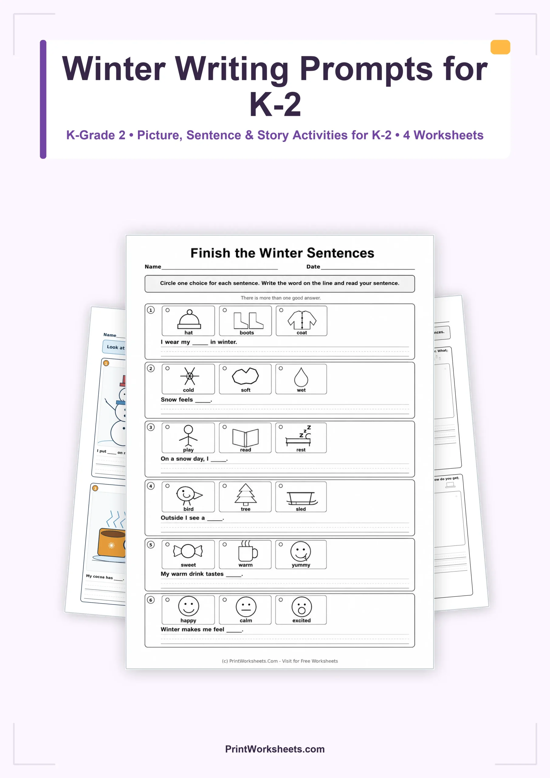 Winter Worksheets Worksheet - Winter Writing Prompts for Kindergarten to Grade 2 – Free Printable PDF | Free Printable