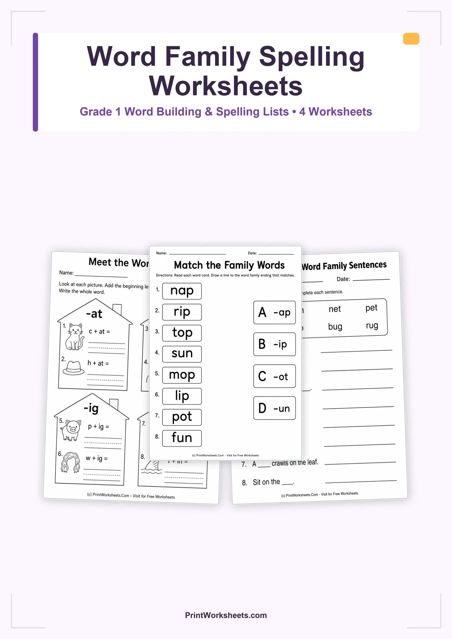 Word Family Spelling Lists Worksheets for Grade 1 – Free Printable PDF - Free Printable Worksheet