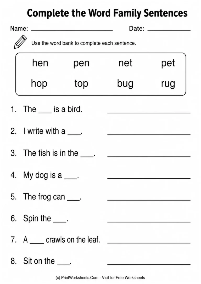 Complete the Word Family Sentences Complete the Word Family Sentences printable worksheet