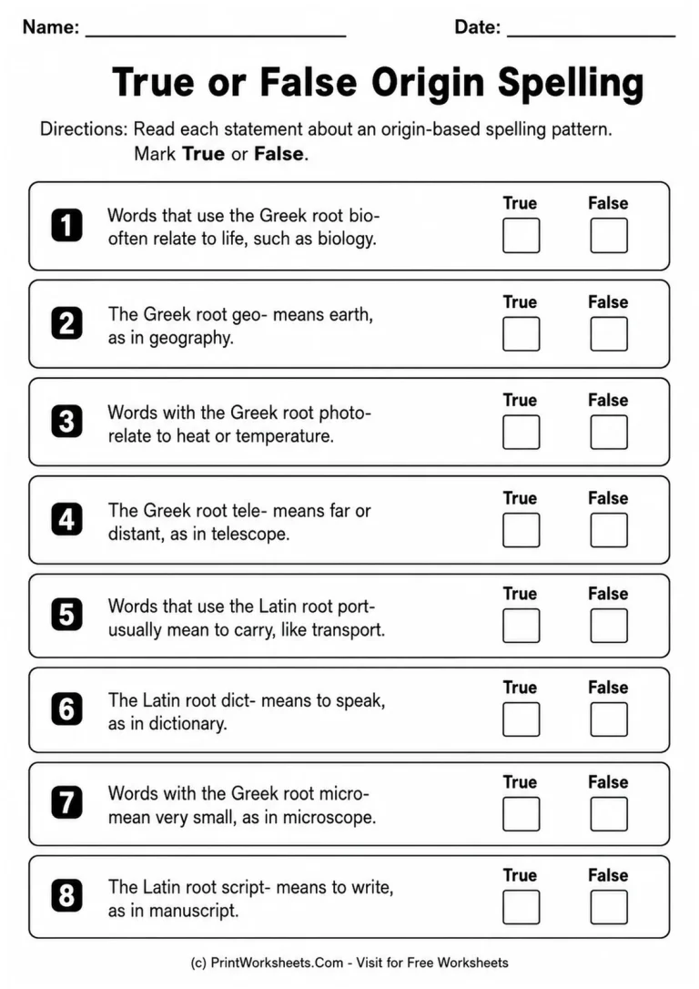 True or False Origin Spelling True or False Origin Spelling printable worksheet