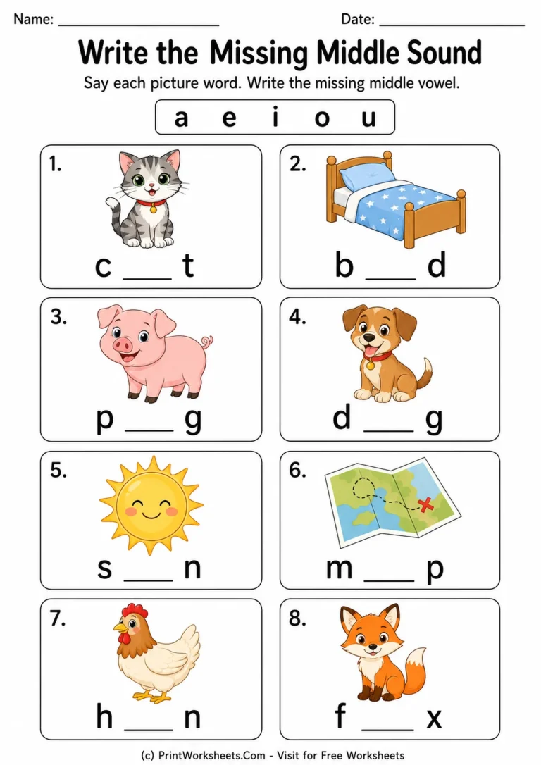 Write the Missing Middle Sound printable worksheet