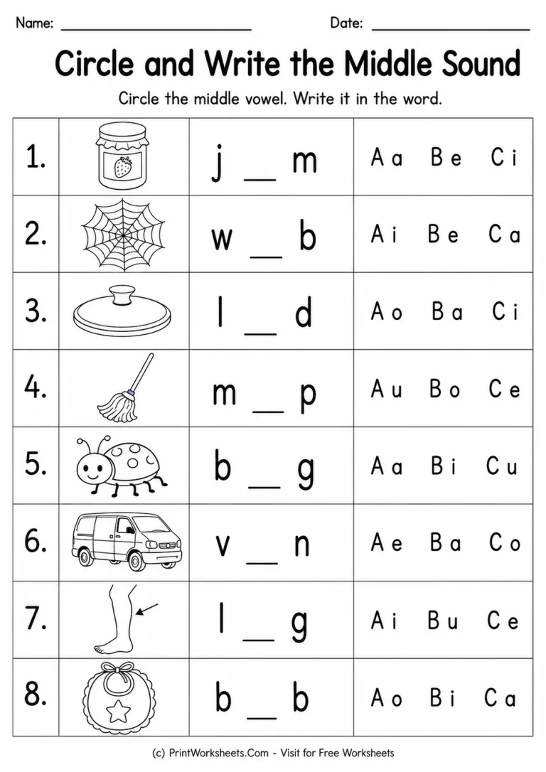Circle and Write the Middle Sound printable worksheet