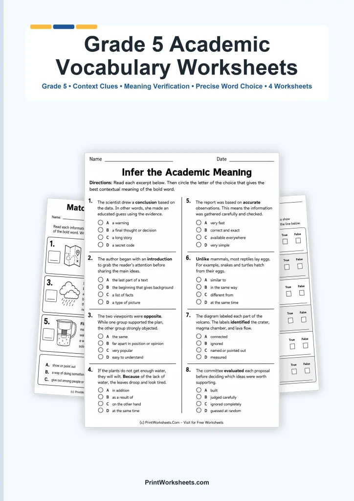 Academic Vocabulary Worksheets for Grade 5 – Free Printable PDF
