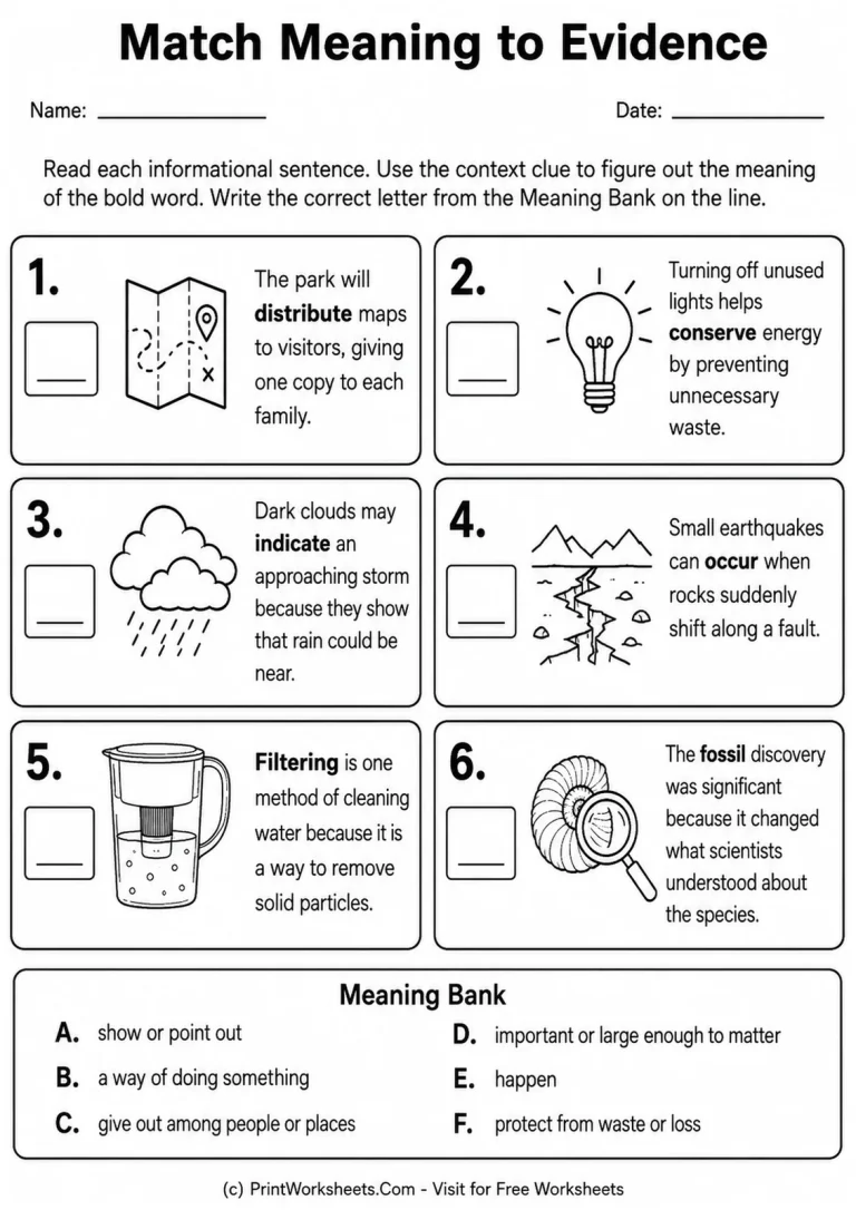 Match Meaning to Evidence printable worksheet