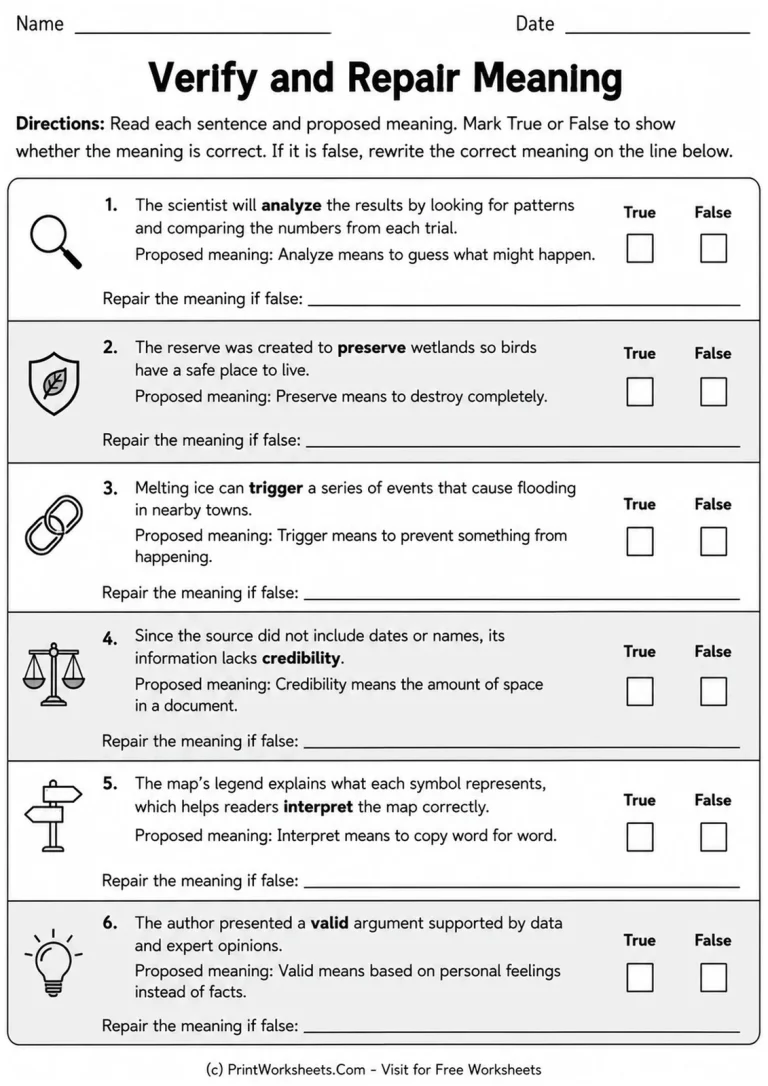 Verify and Repair Meaning printable worksheet