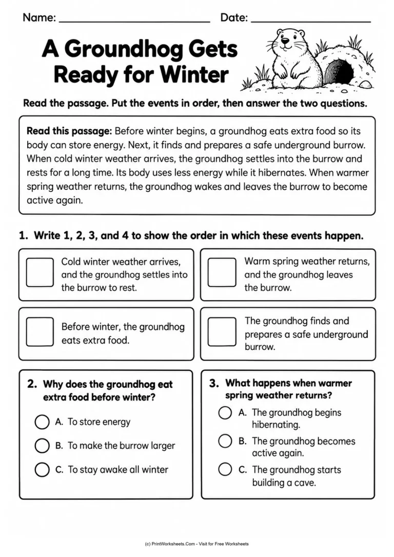 A Groundhog Gets Ready for Winter A Groundhog Gets Ready for Winter printable worksheet