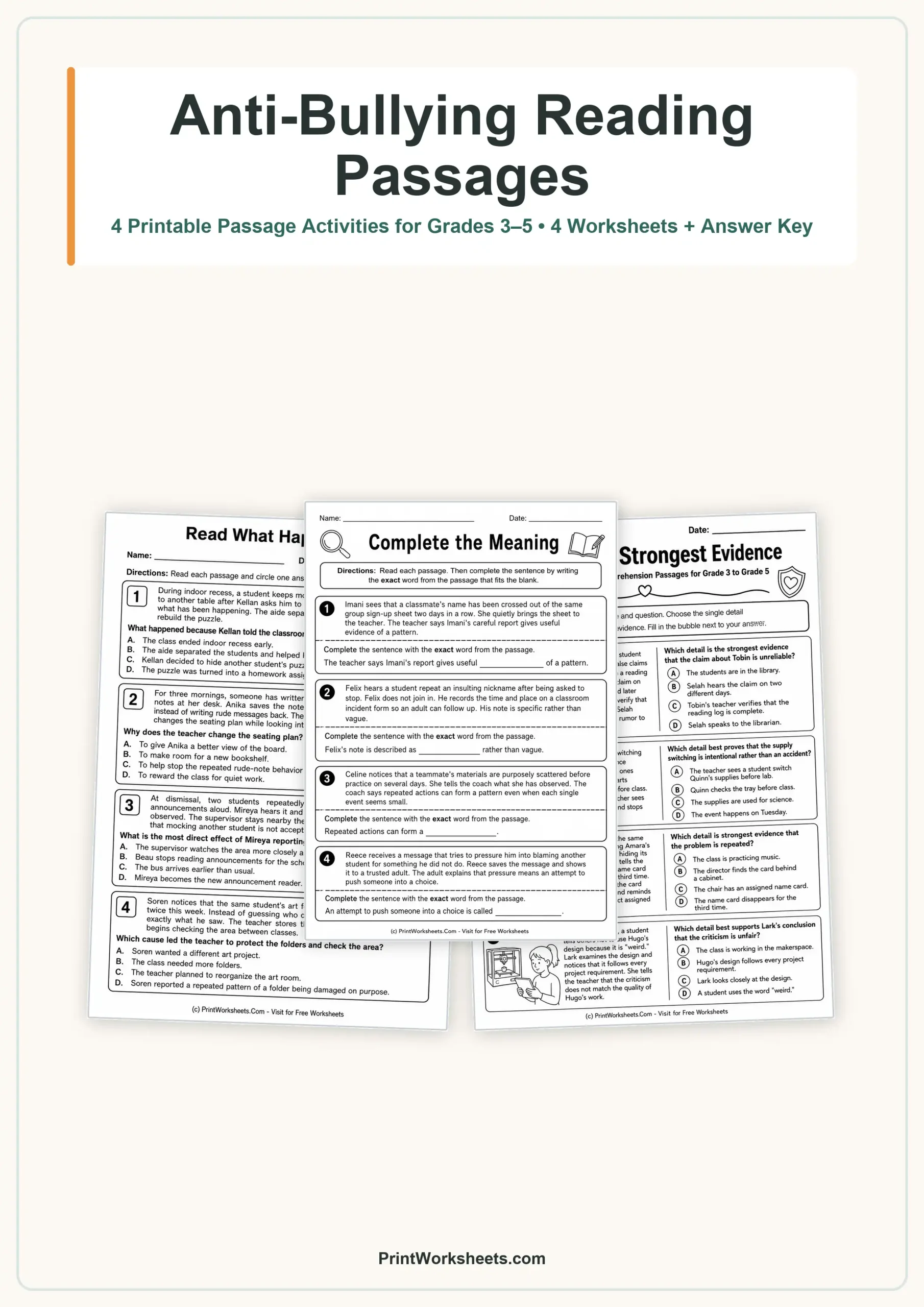 Anti-Bullying Reading Comprehension Passages for Grades 3–5 – Free Printable PDF - Free Printable Worksheet