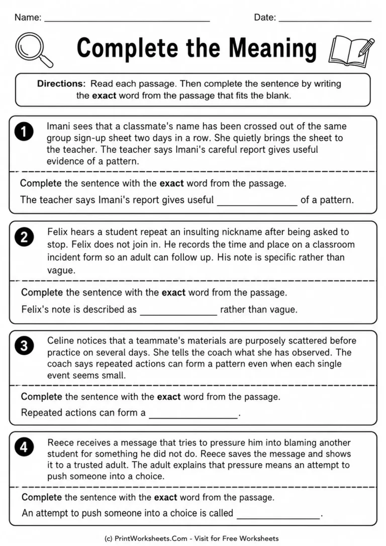 Complete the Meaning Complete the Meaning printable worksheet