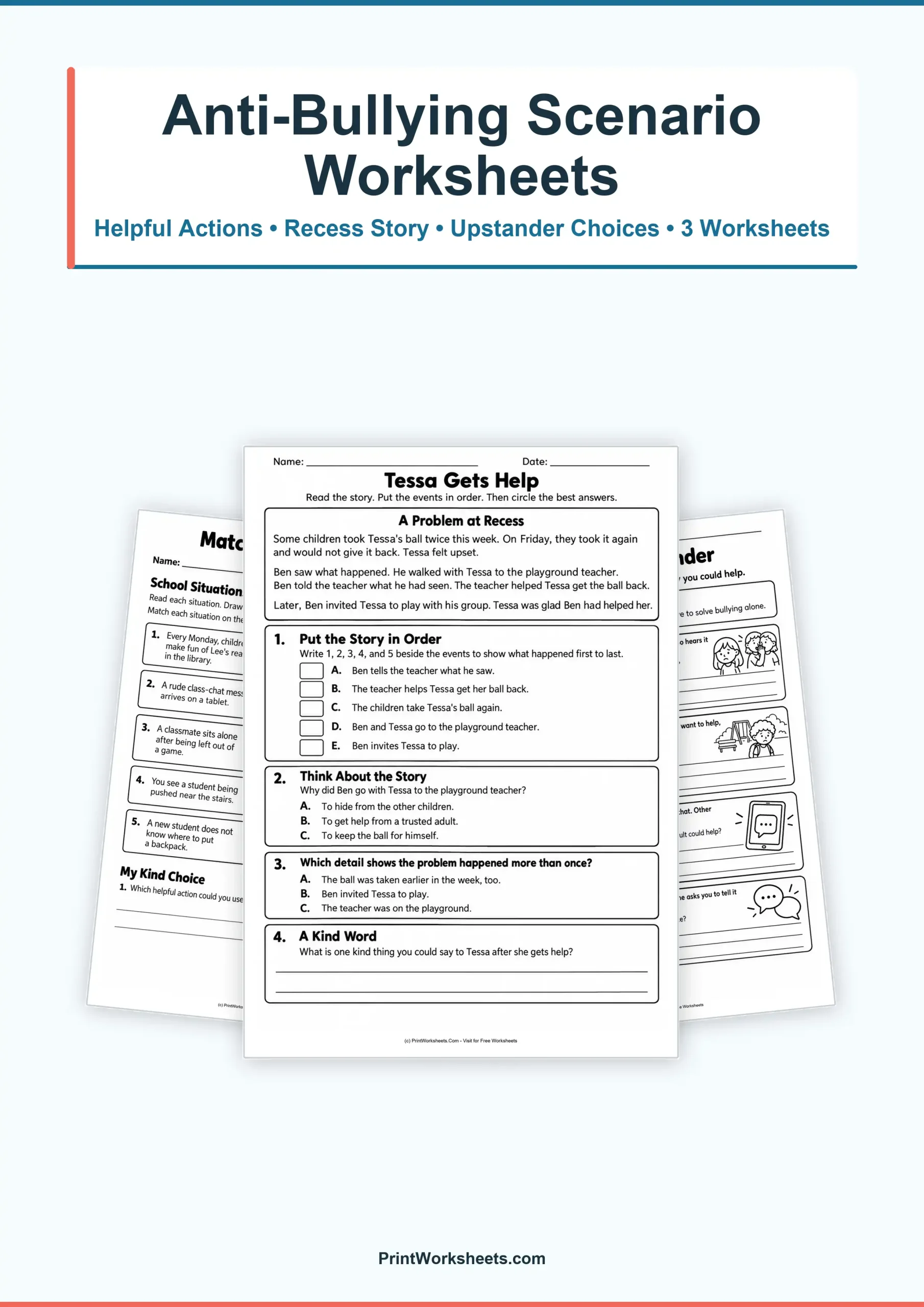 Anti-Bullying Scenario Worksheets for Grades 2–3 – Free Printable PDF - Free Printable Worksheet