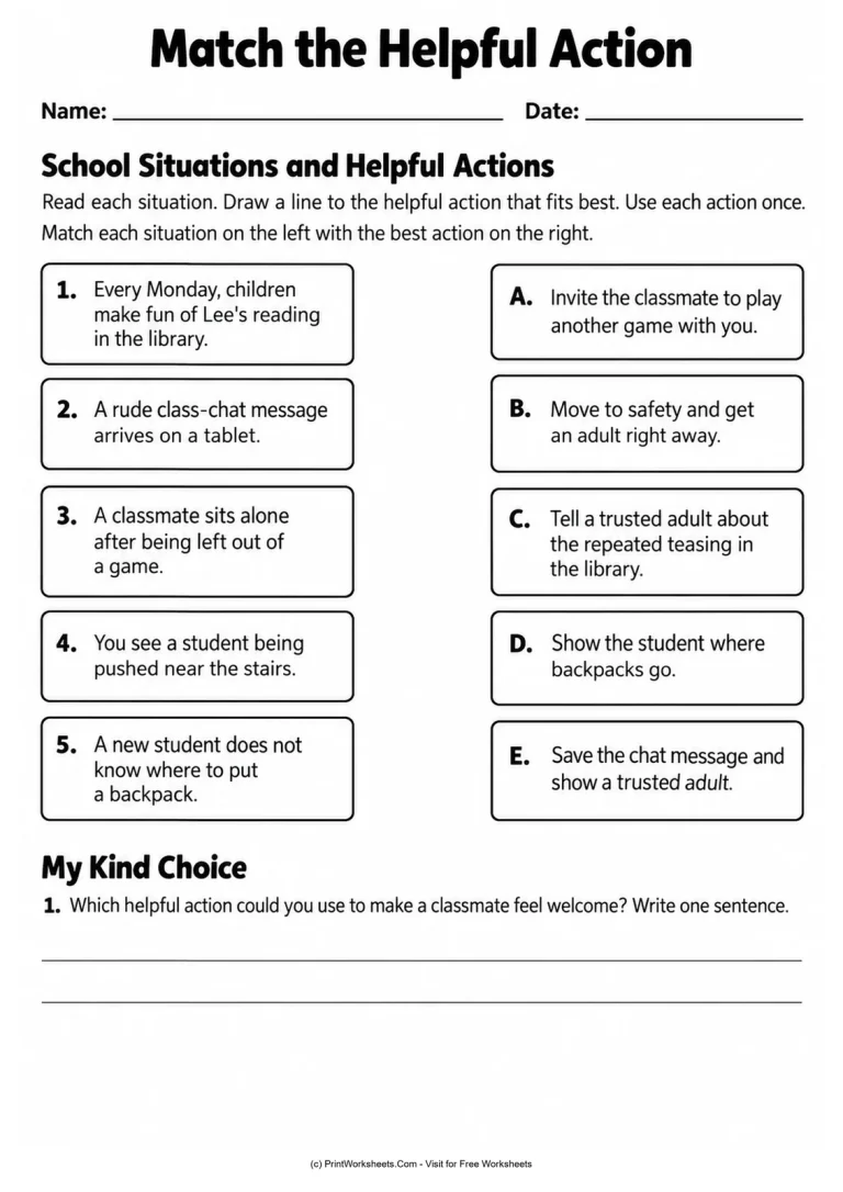 Match the Helpful Action printable worksheet