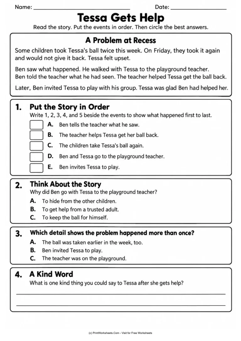 Tessa Gets Help printable worksheet