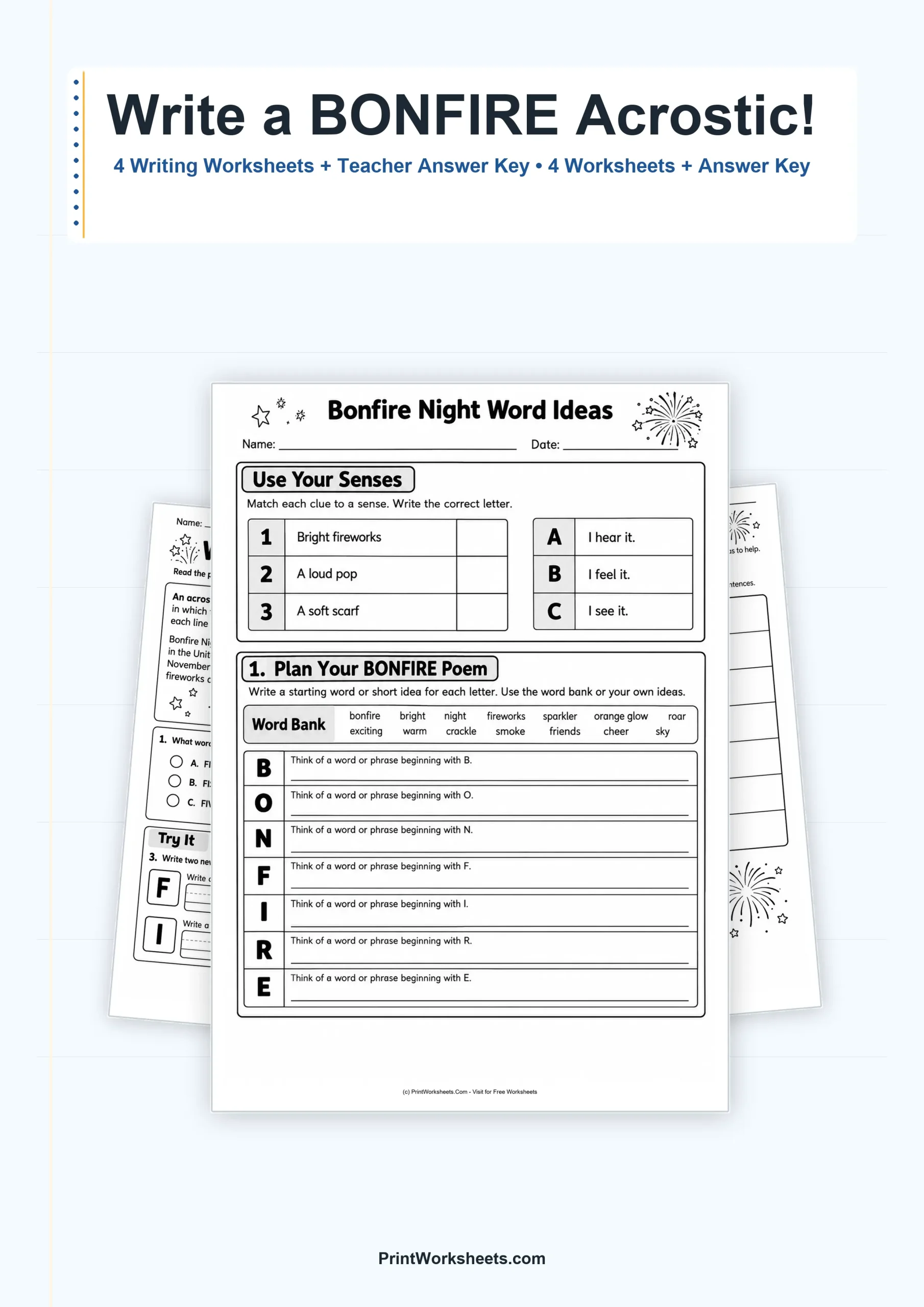 Writing Worksheets Worksheet - Bonfire Night Acrostic Poem Worksheets for 2nd & 3rd Grade | Free Printable