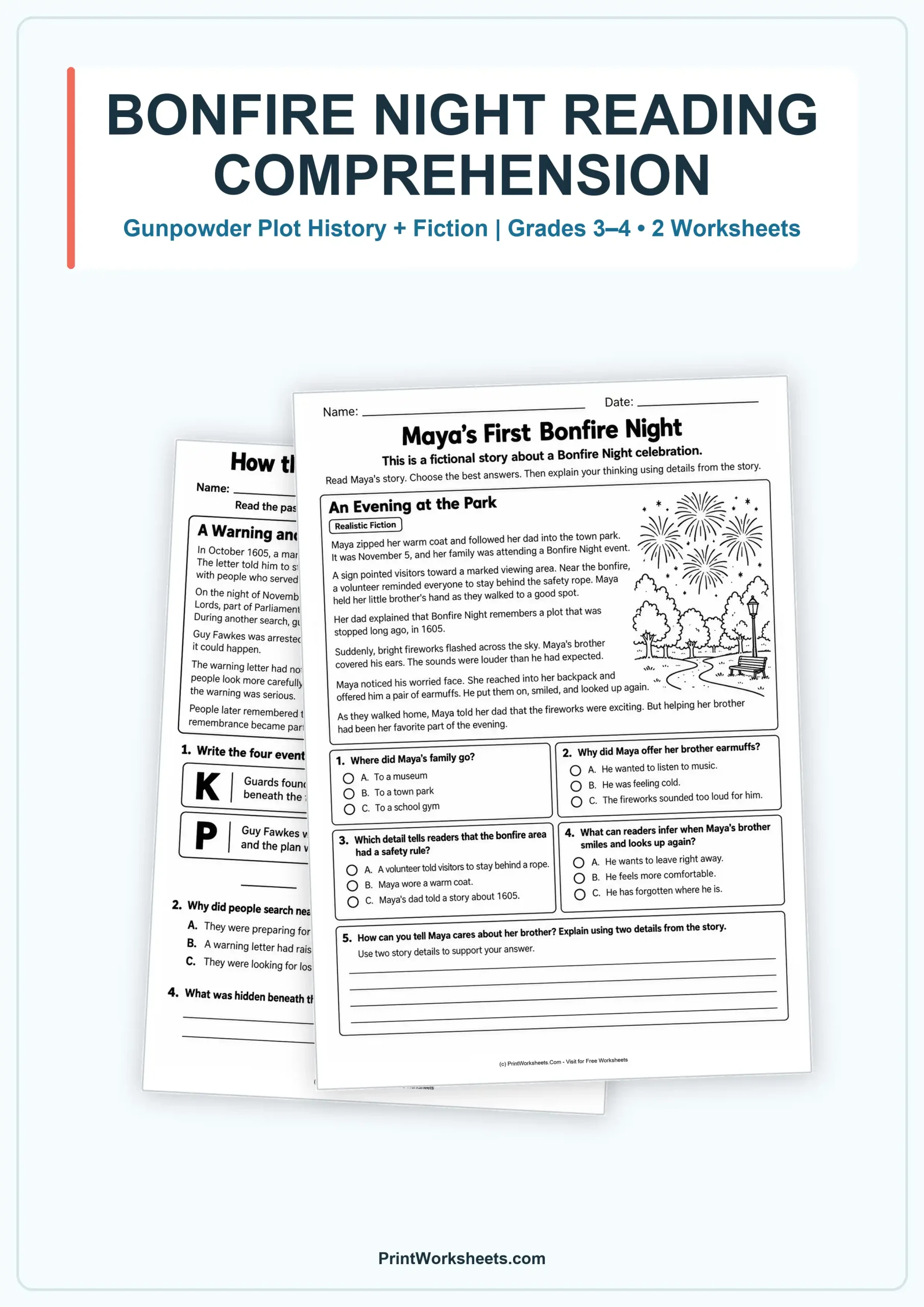 Holiday Worksheets Worksheet - Bonfire Night Reading Comprehension Worksheets – History & Fiction | Free Printable