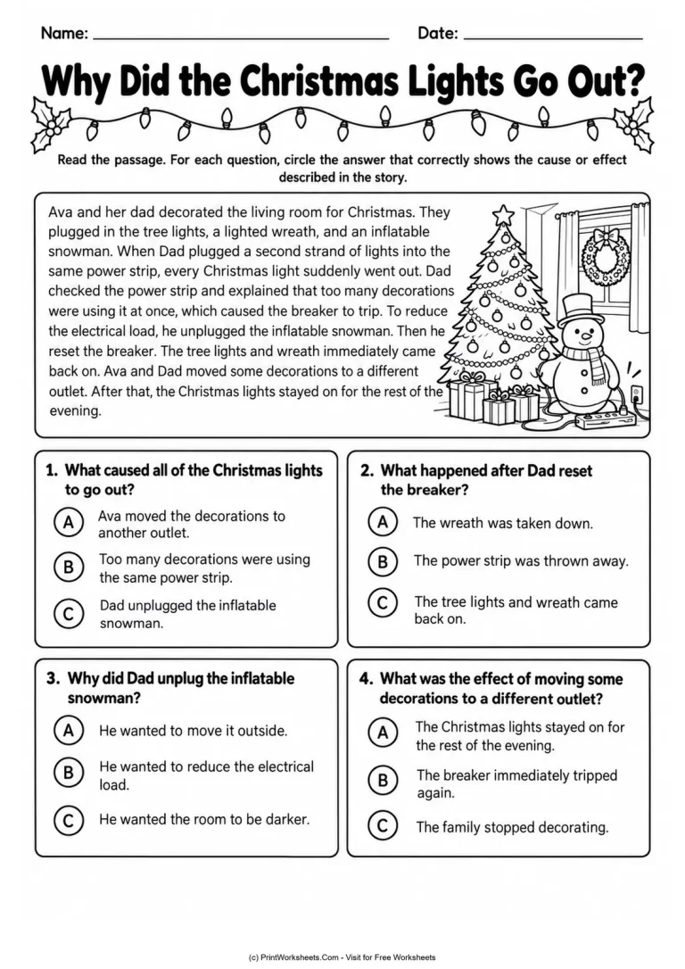 Why Did the Christmas Lights Go Out? Why Did the Christmas Lights Go Out? printable worksheet