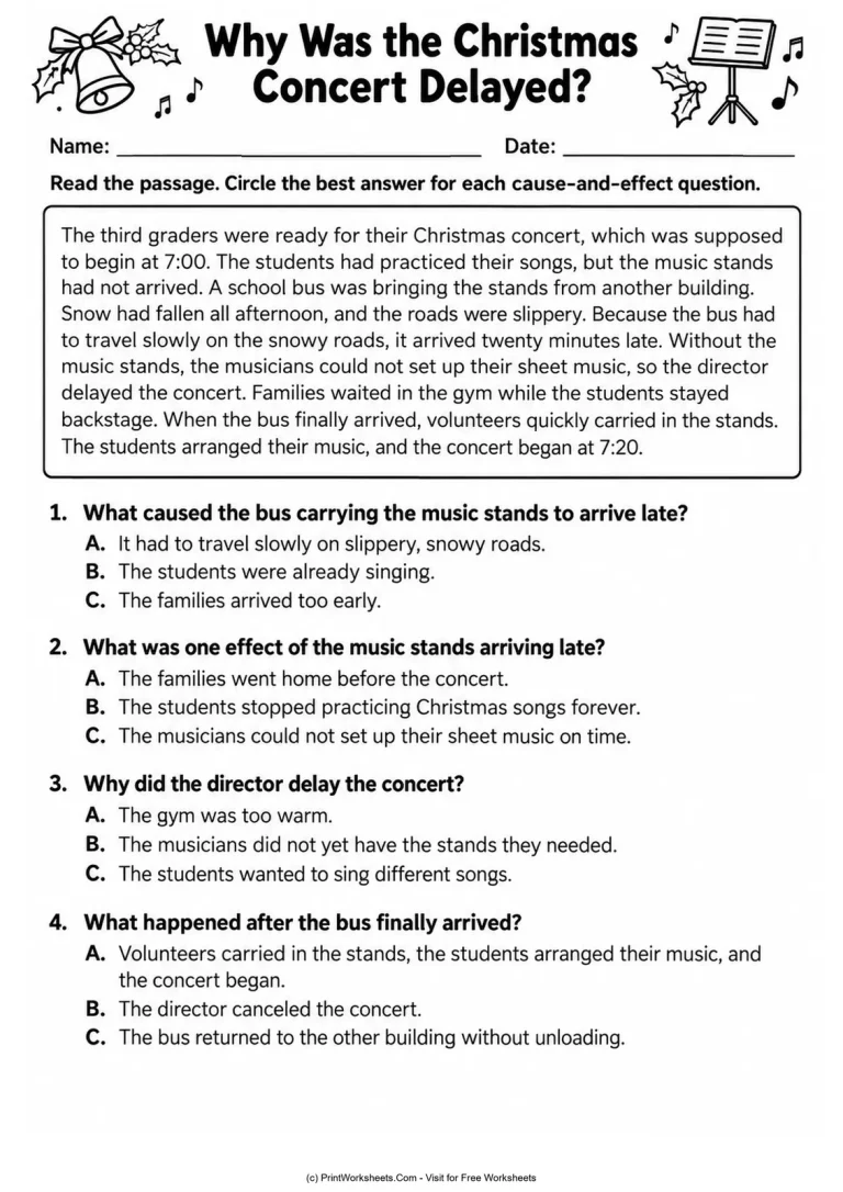 Why Was the Christmas Concert Delayed? Why Was the Christmas Concert Delayed? printable worksheet