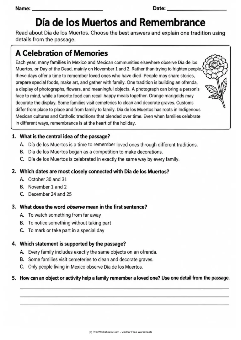 Día de los Muertos and Remembrance - Grades 3-5 Day of the Dead reading comprehension worksheet