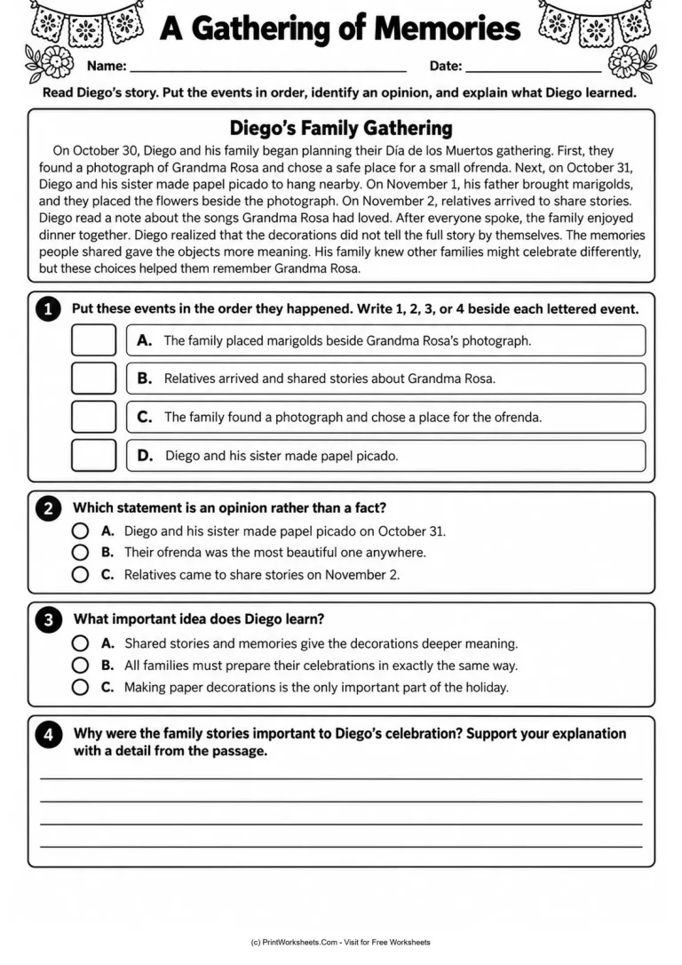 A Gathering of Memories - Grades 3-5 Day of the Dead reading comprehension worksheet