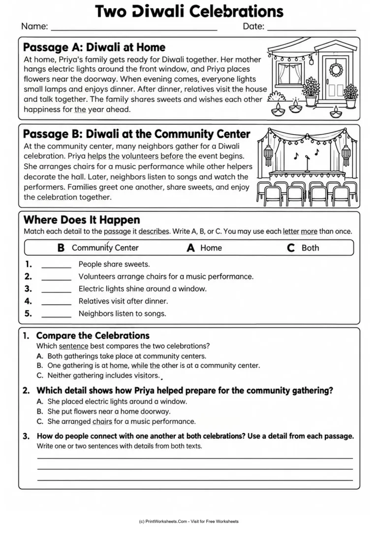 Two Diwali Celebrations Two Diwali Celebrations printable worksheet
