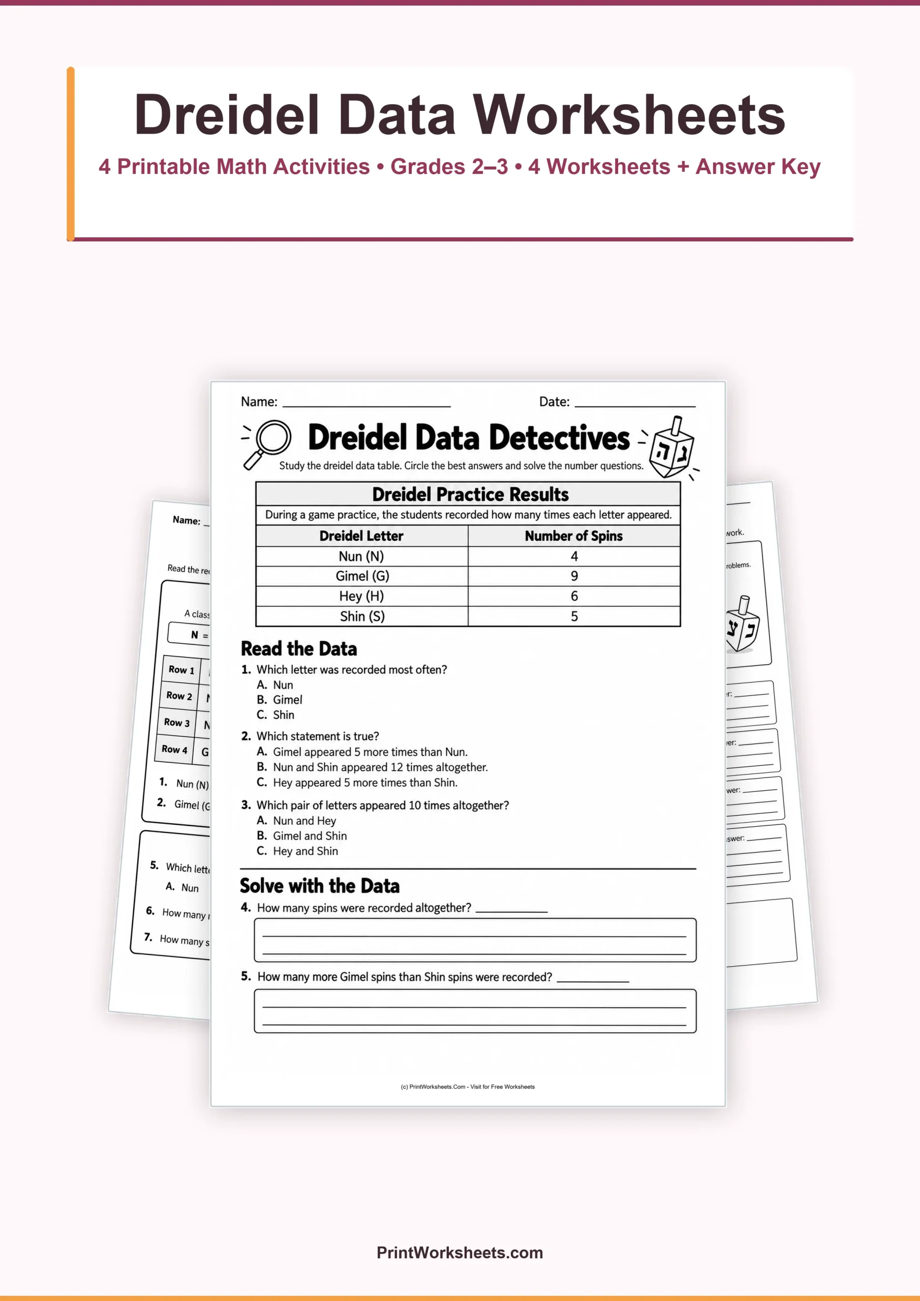 Dreidel Game Data Worksheets for 2nd & 3rd Grade – Free Printable PDF - Free Printable Worksheet