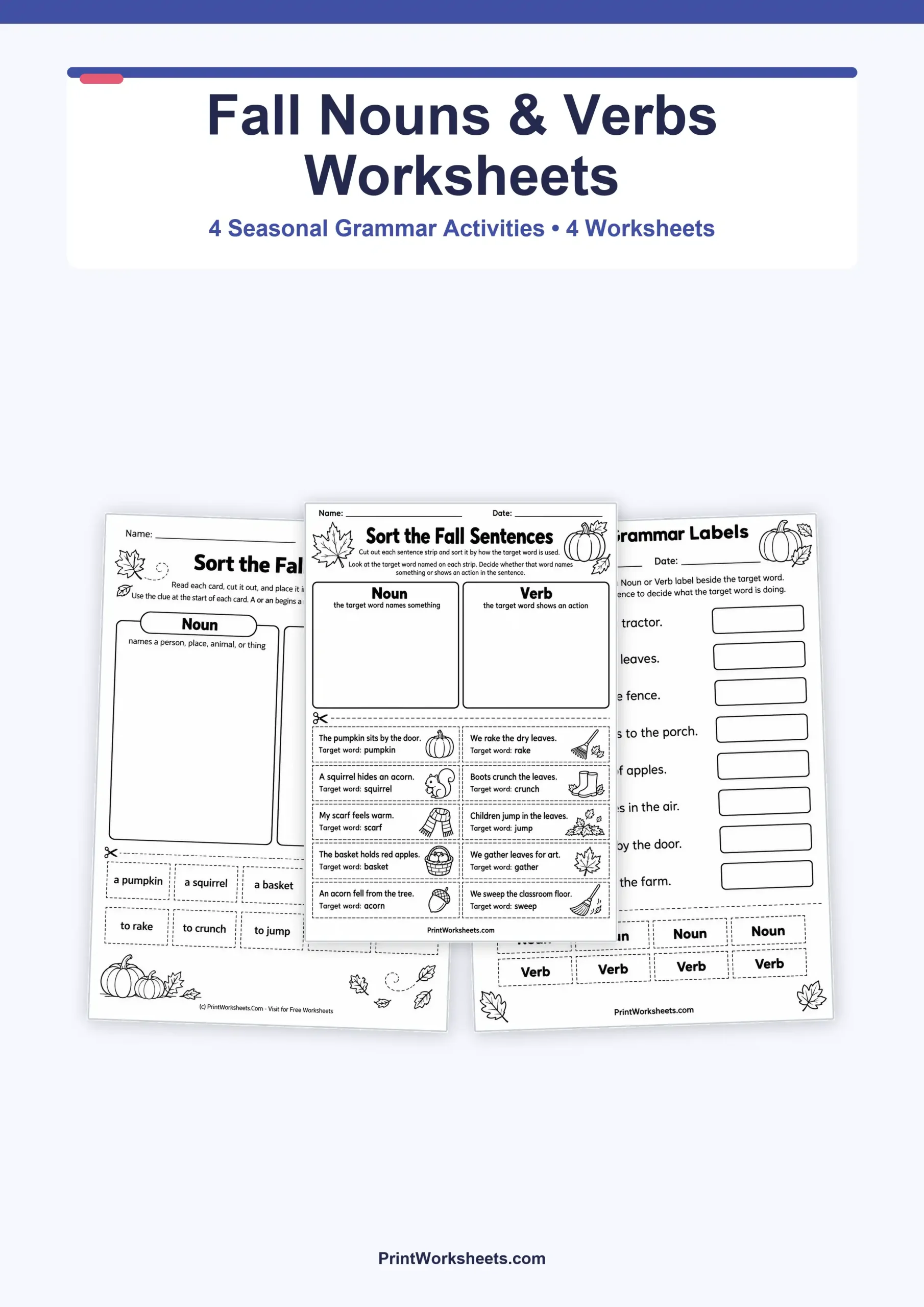 Holiday Worksheets Worksheet - Fall Nouns and Verbs Worksheets – Free Printable PDF | Free Printable
