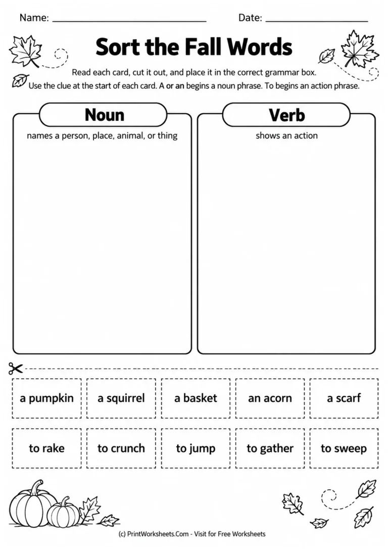 Sort the Fall Words printable worksheet