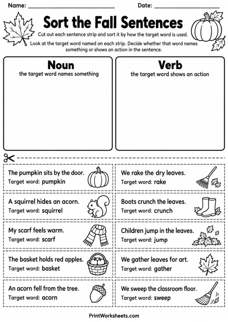 Sort the Fall Sentences printable worksheet