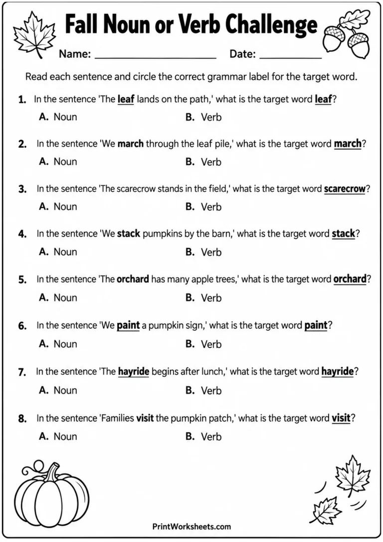 Fall Noun or Verb Challenge printable worksheet
