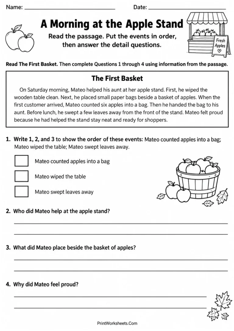A Morning at the Apple Stand - Grade 2 2nd grade fall reading comprehension worksheet