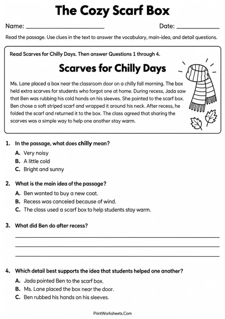 The Cozy Scarf Box - Grade 2 2nd grade fall reading comprehension worksheet