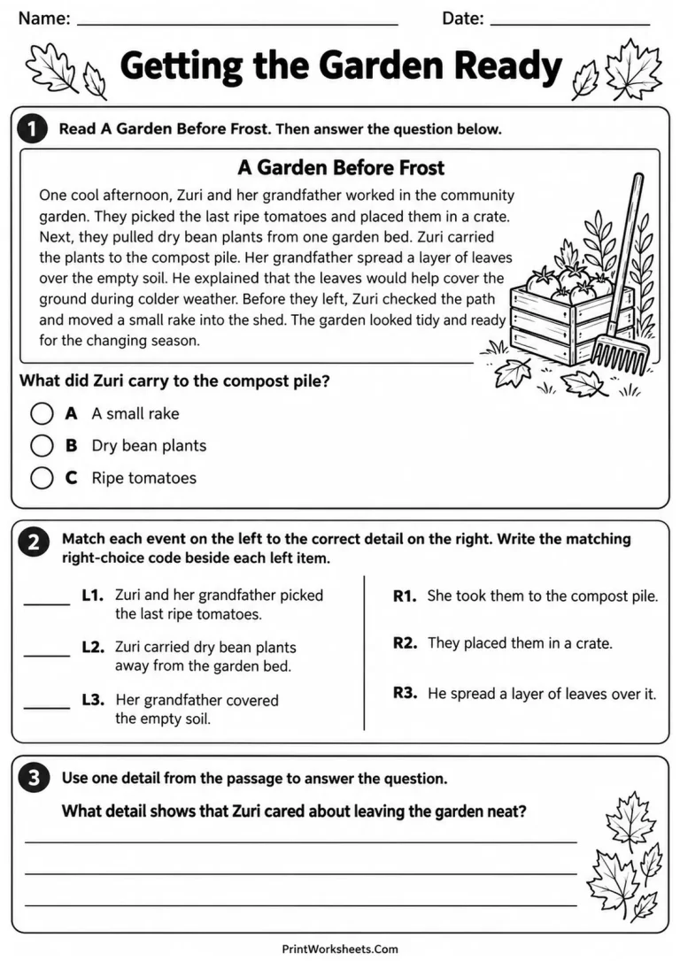 Getting the Garden Ready - Grade 2 2nd grade fall reading comprehension worksheet