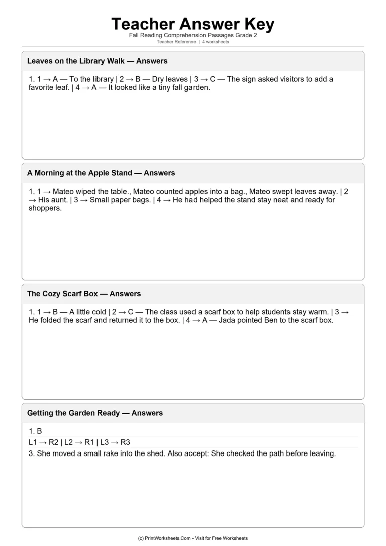 Teacher Answer Key - Grade 2 2nd grade fall reading comprehension teacher answer key