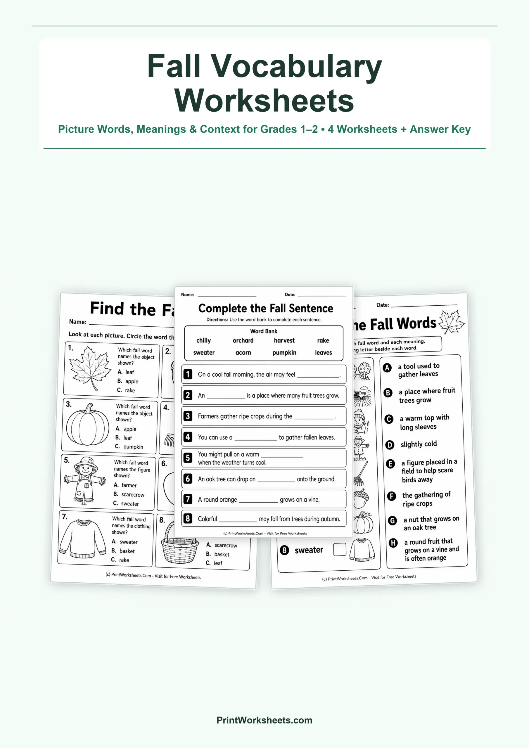 Vocabulary Worksheets Worksheet - Fall Vocabulary Worksheets for Grades 1–2 – Free Printable PDF | Free Printable