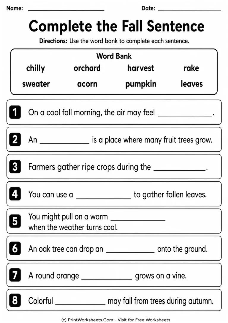 Complete the Fall Sentence printable worksheet