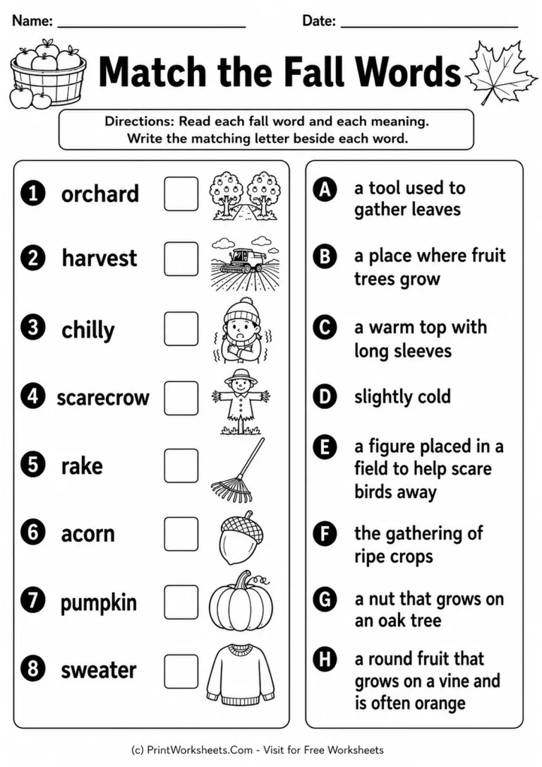 Match the Fall Words printable worksheet