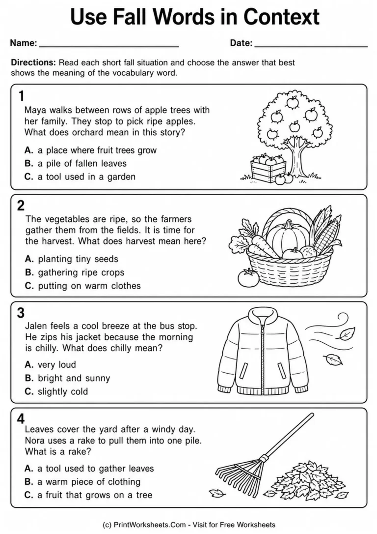 Use Fall Words in Context printable worksheet