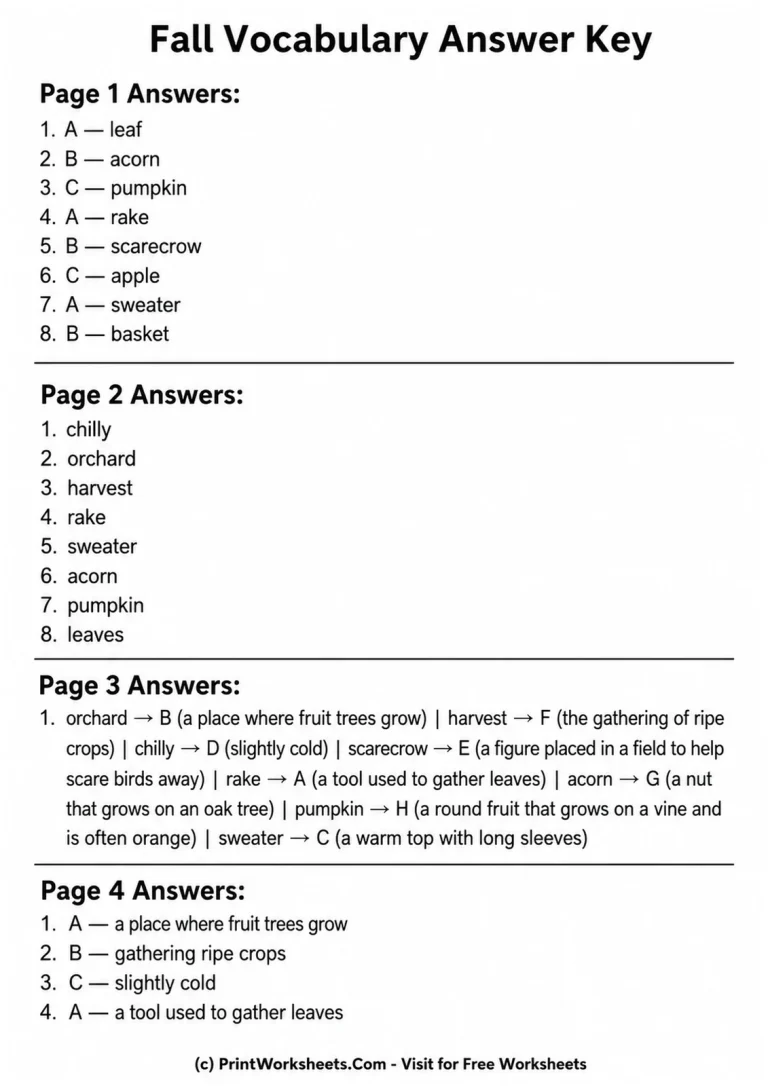 Fall Vocabulary Answer Key answer key
