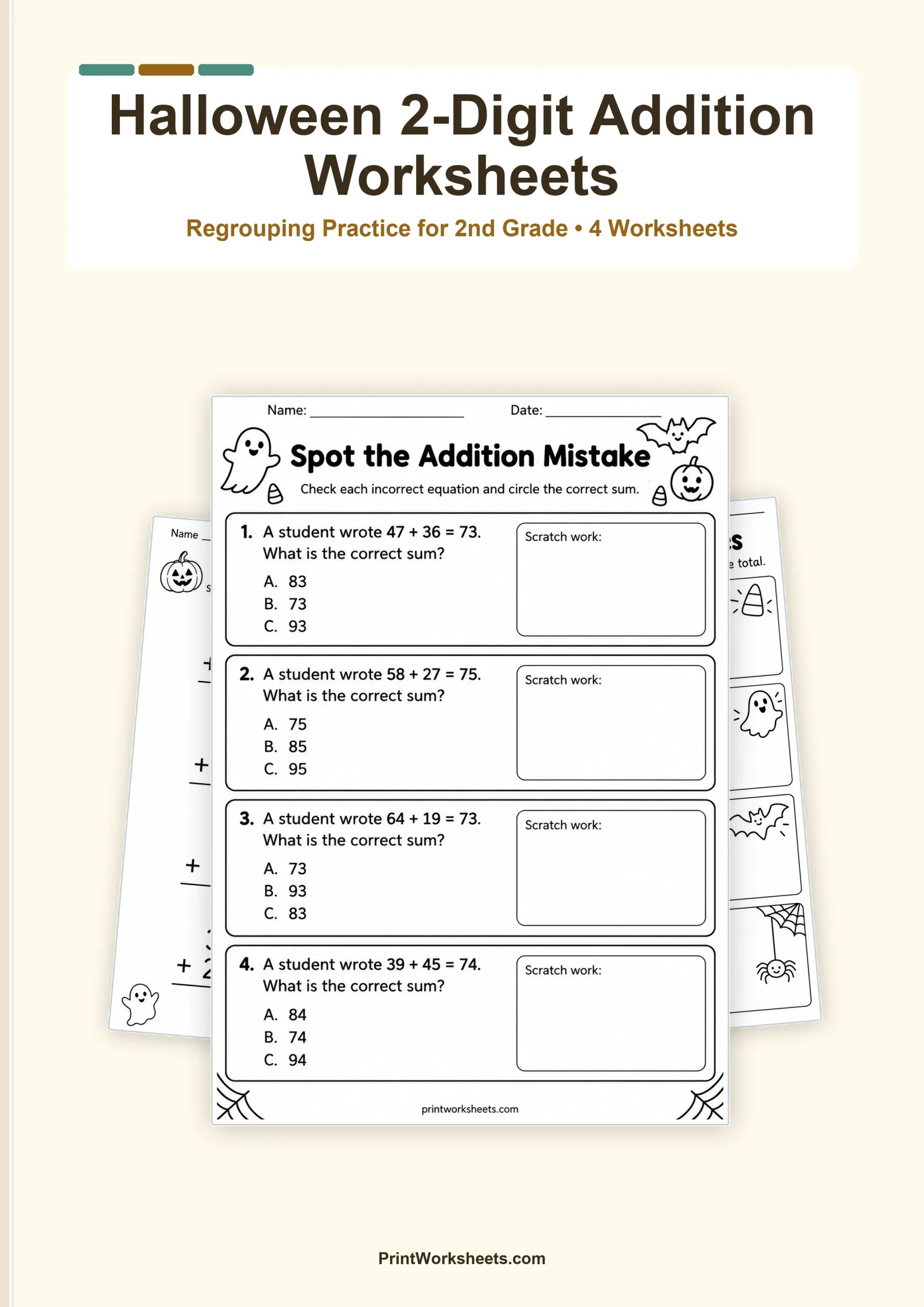 Double Digit Addition Worksheet - Halloween 2-Digit Addition with Regrouping Worksheets for 2nd Grade | Free Printable