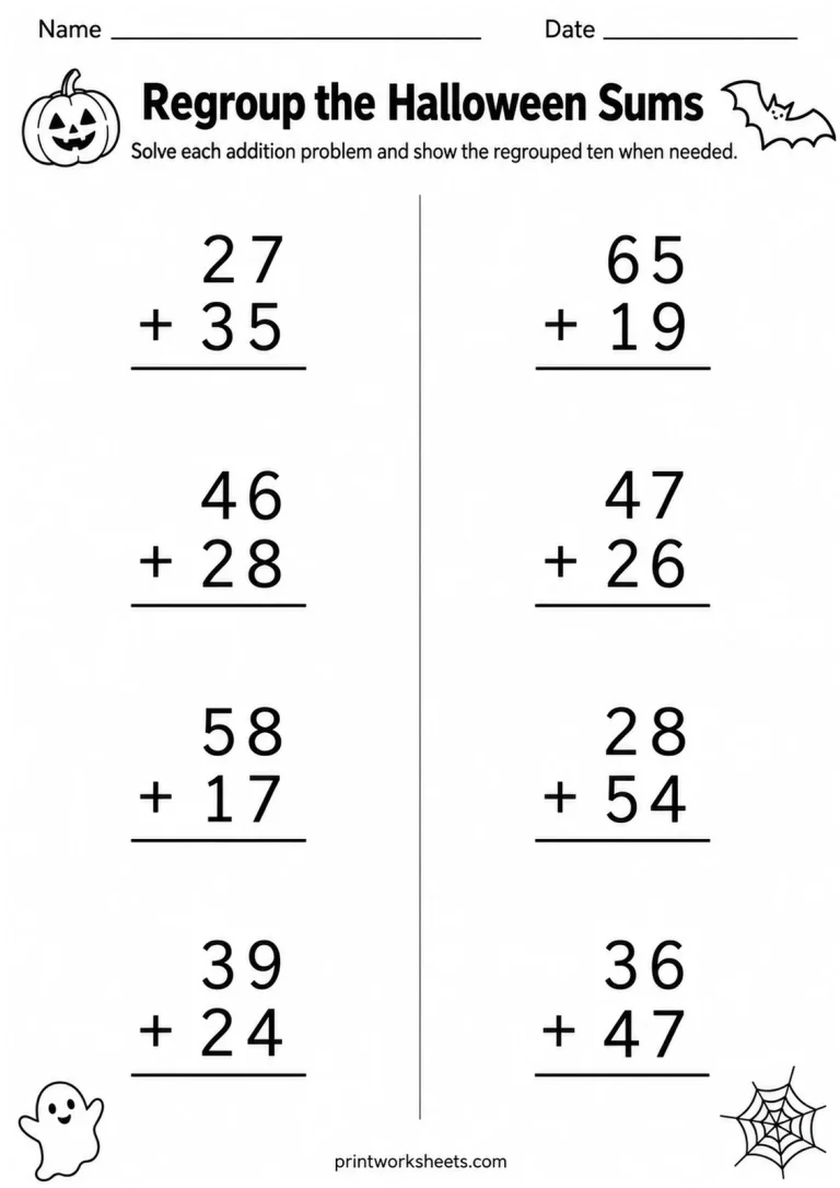 Regroup the Halloween Sums printable worksheet